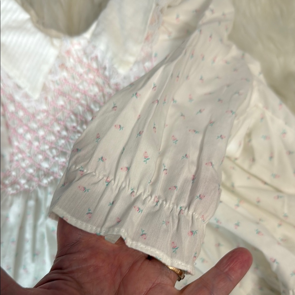 Vintage Polly Flinders Floral White and Pink Long Sleeve Lace Smocked Dress Y2K - Picture 9 of 9